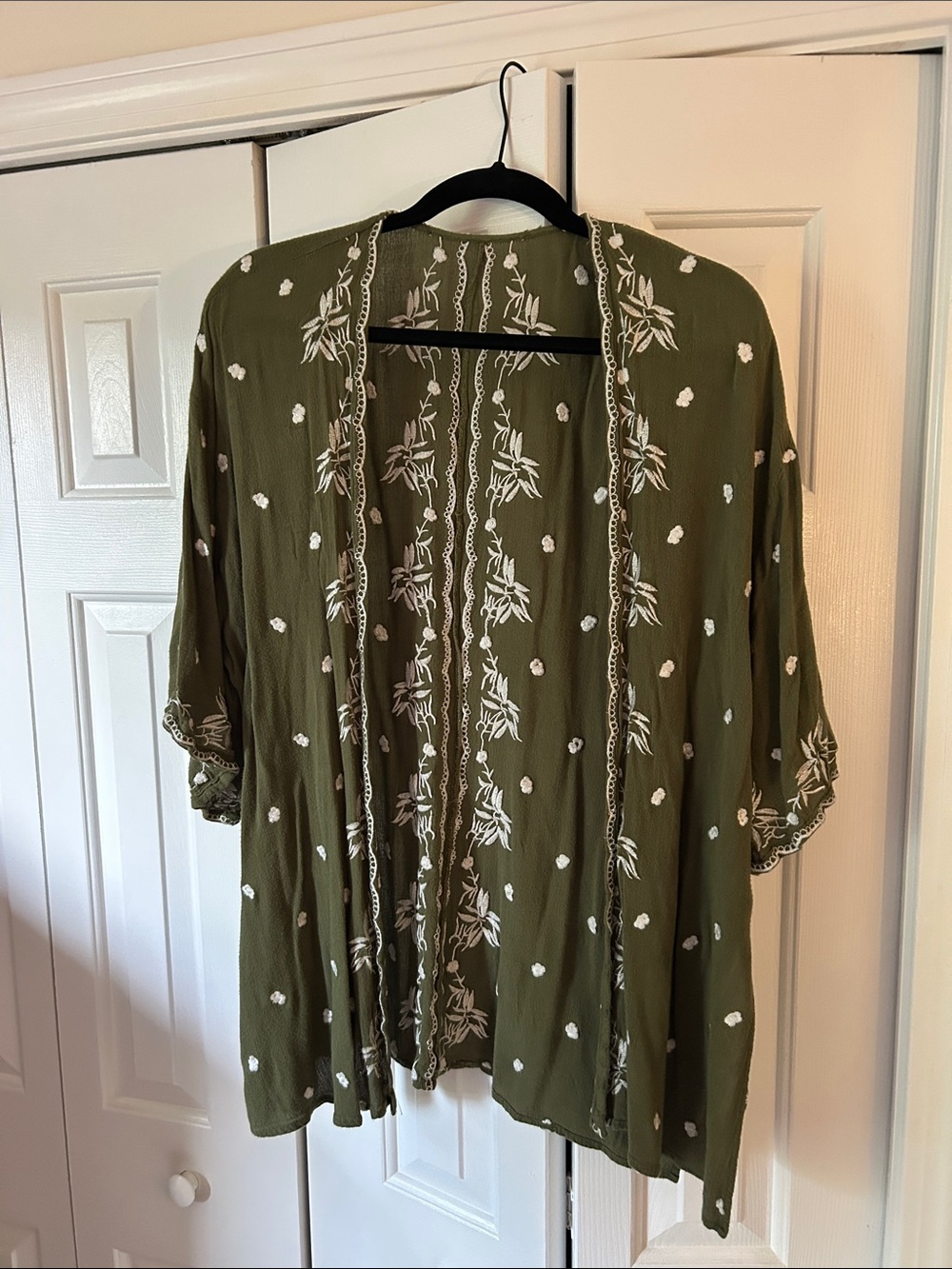 Olive Green Embroidered Kimono Top